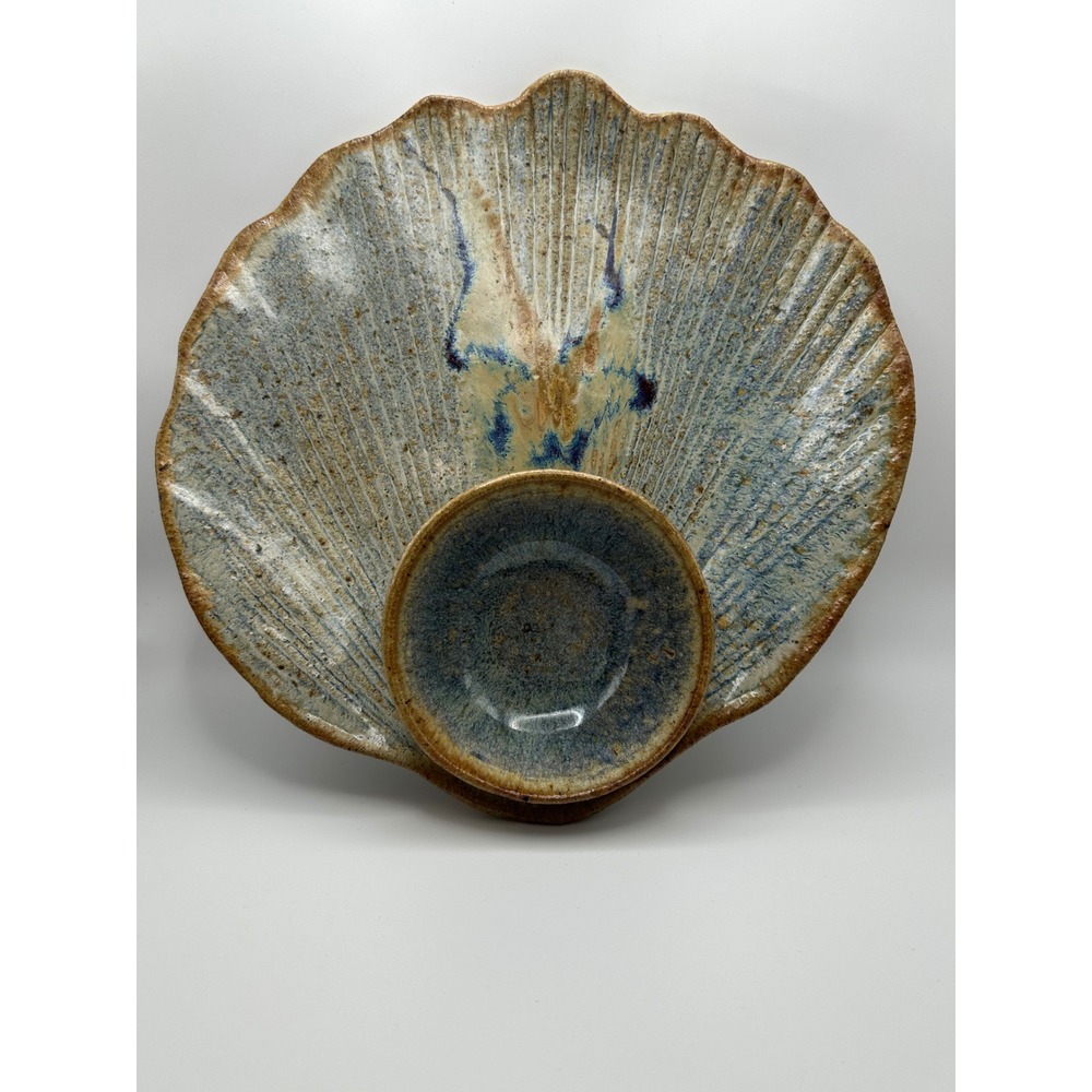 Handmade Studio Art Pottery Seashell Chip and Dip Set Blue Brown Glaze Signed EC